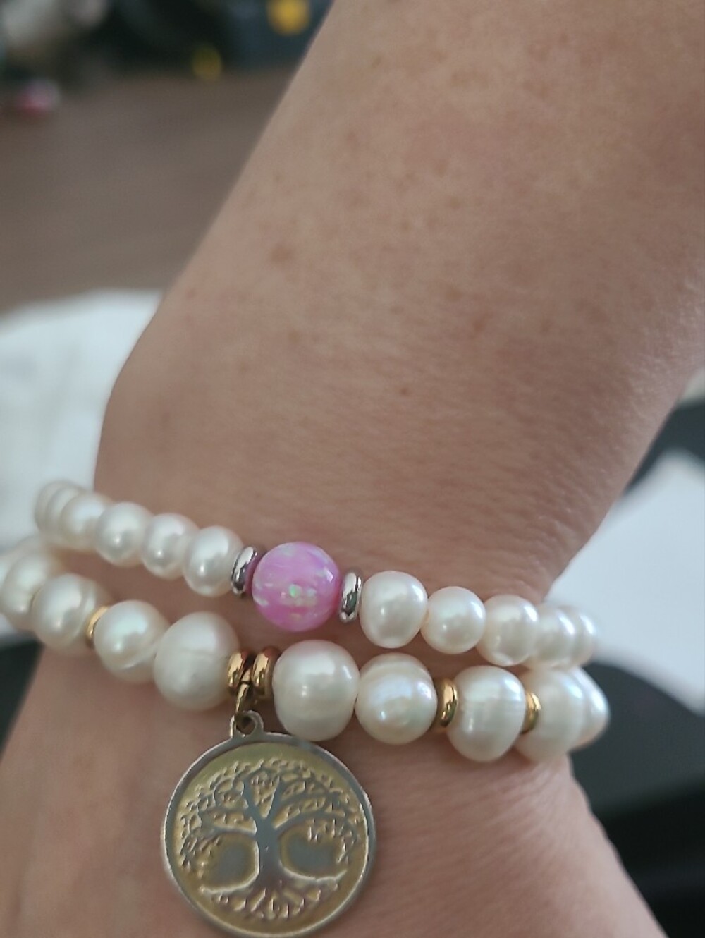 T. Jazelle Pearl & Tree of Life Charm Stacker Bracelet Set